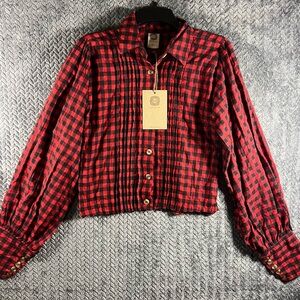 Bali Elf Made By Hand Women’s Long Sleeve Button Blouse Black/Red Checkered Med.